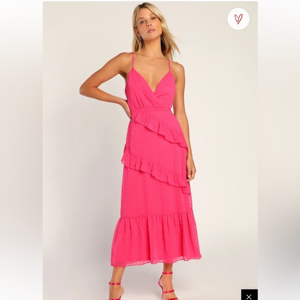 Cheers to Me Hot Pink Swiss Dot Tiered Ruffled Midi Dress